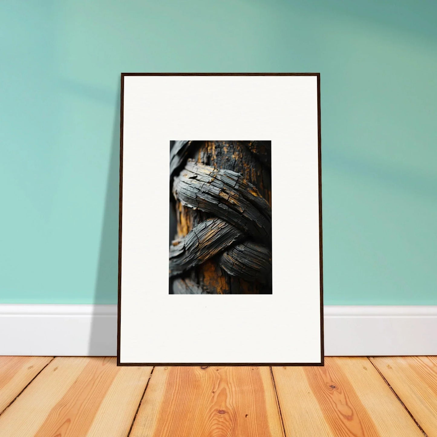 Framed photograph of weathered wooden beams for stylish garden balet room decoration