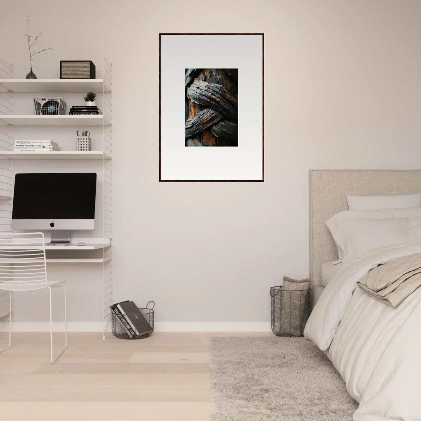 Minimalist bedroom featuring a stunning canvas print of Charred Garden Balet
