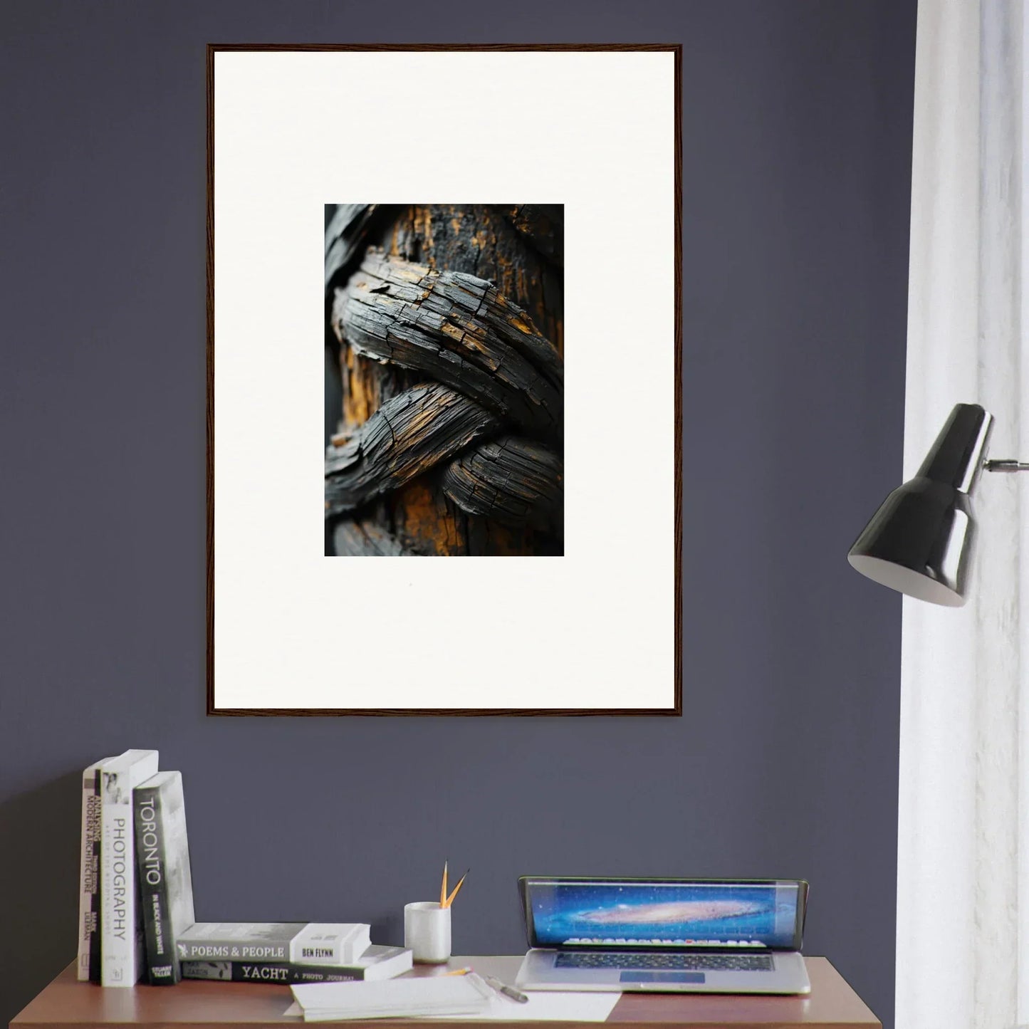 Framed photograph of weathered wooden beams for unique garden balet room decoration