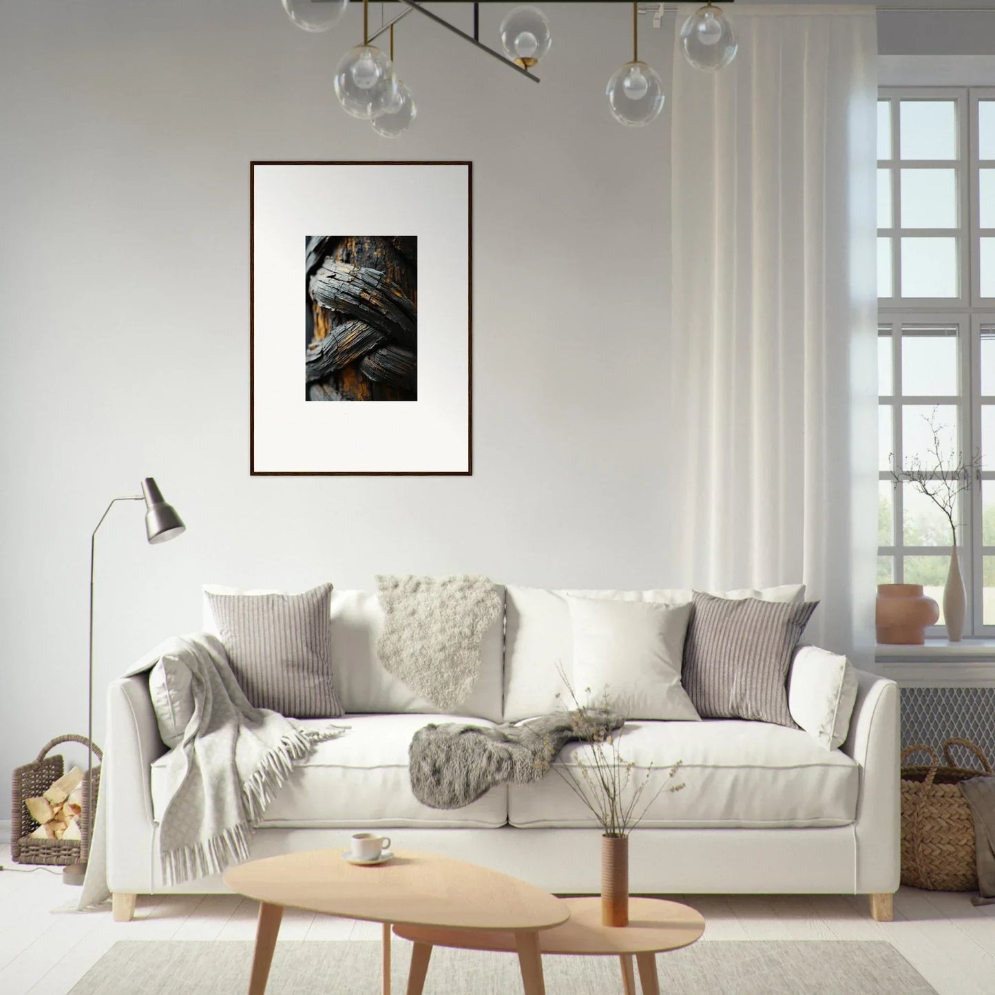 Stylish white sofa with throw pillows and blankets for cozy garden balet room decoration