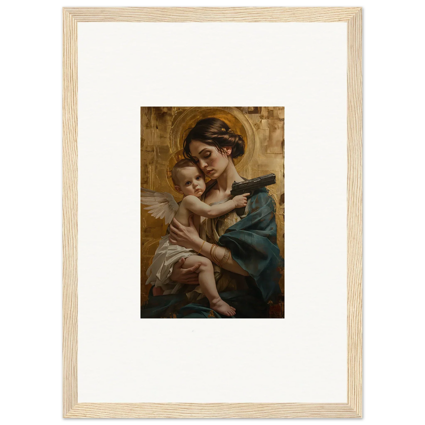 Framed wall art of a woman with a cherubic child, perfect for velvet matrix room decor