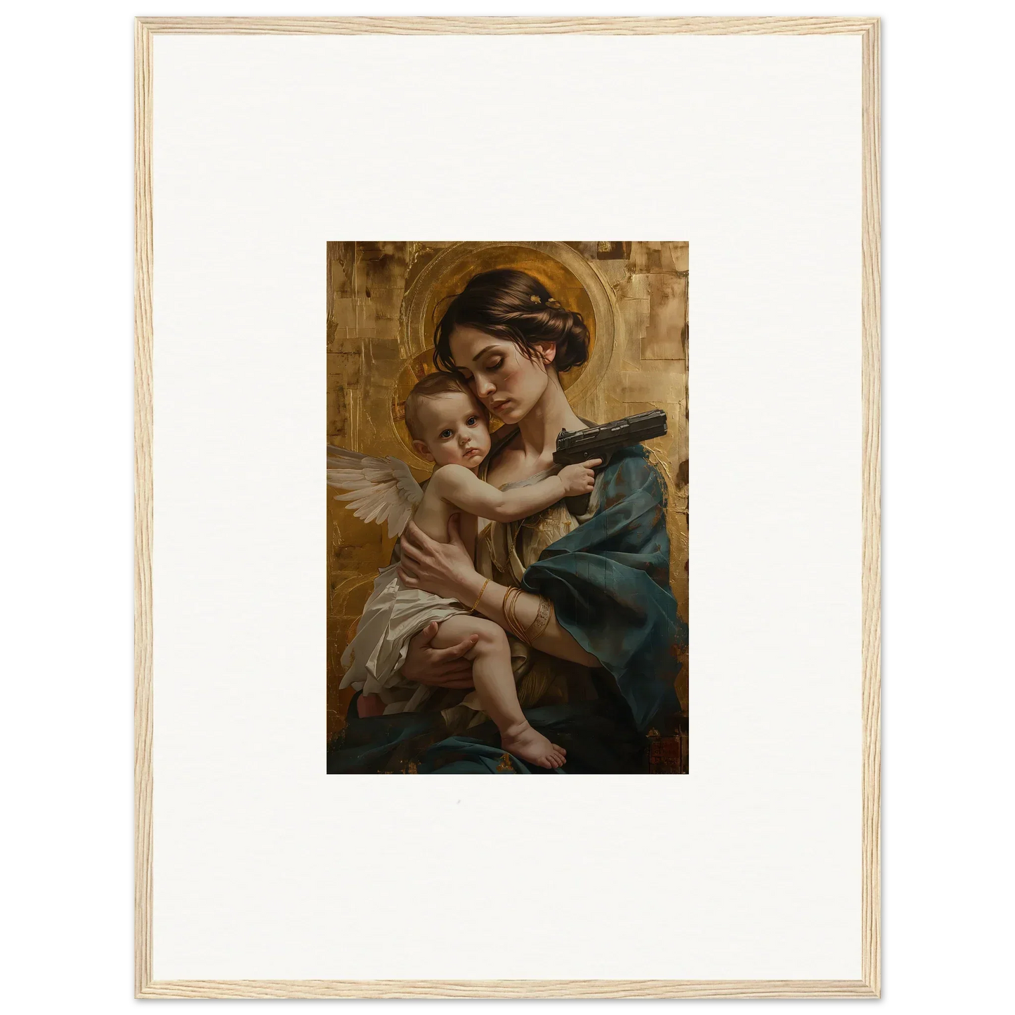 Framed wall art of a woman holding a cherubic child, perfect for velvet matrix room decor