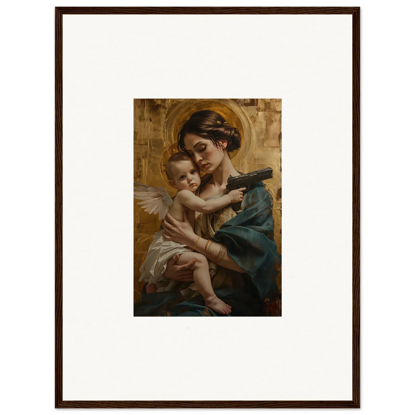Framed wall art of a woman holding a cherubic baby, perfect for velvet matrix room decor