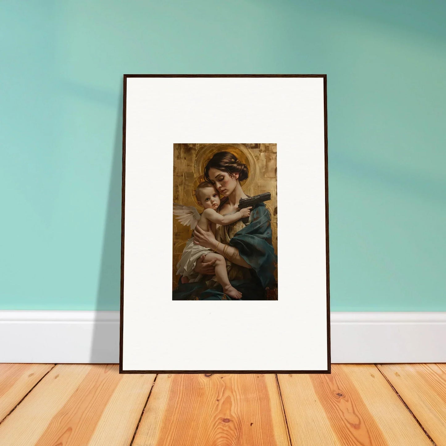 Framed wall art of a woman holding a baby, perfect for room decor with Velvet Matrix style