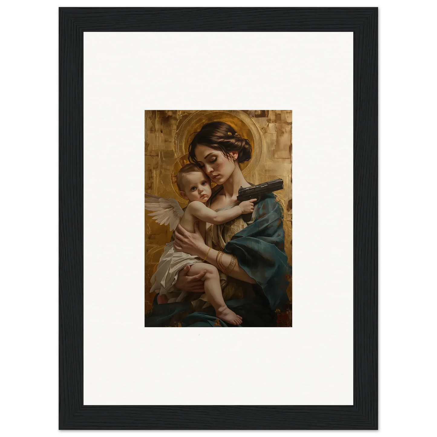 Framed wall art of a woman and cherubic child, perfect for velvet matrix room decor