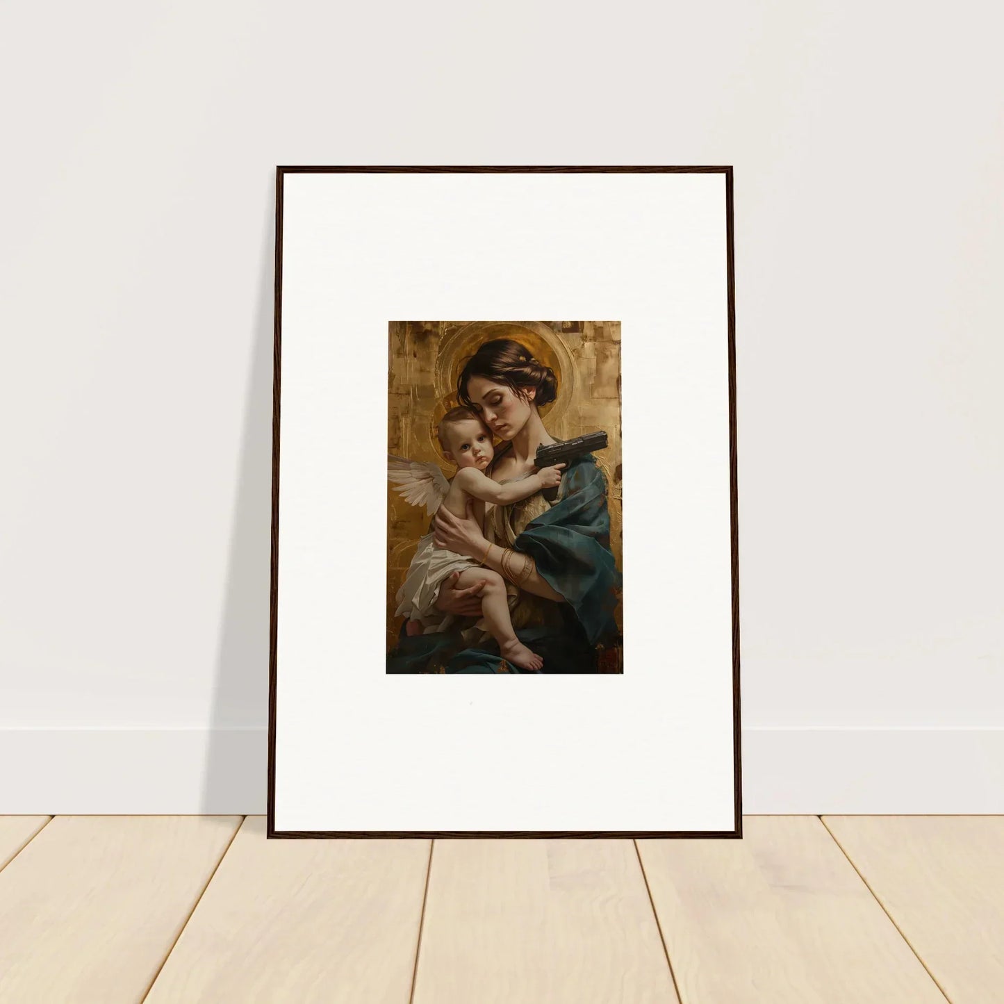 Framed wall art of a woman holding a child, ideal for velvet matrix room decor