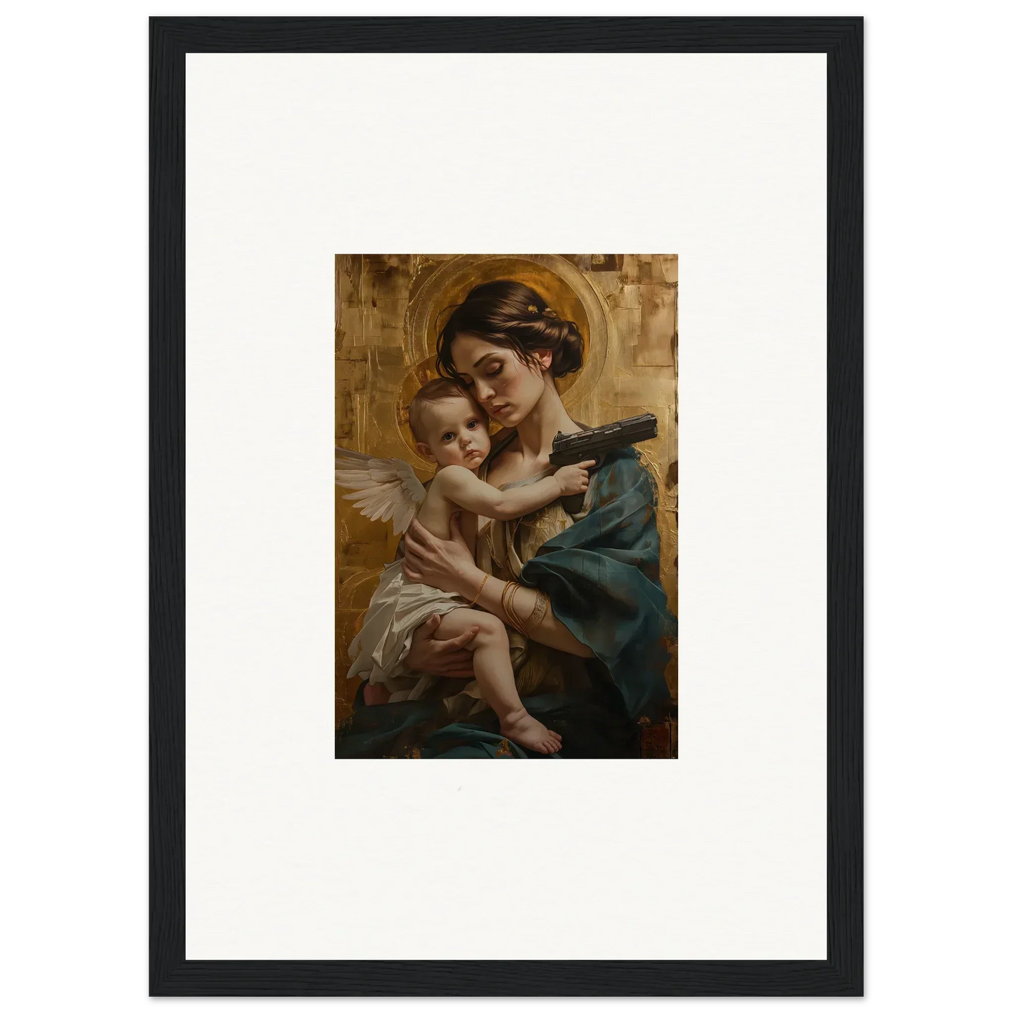 Framed wall art of a woman with a cherubic child, perfect for room decor and Velvet Matrix