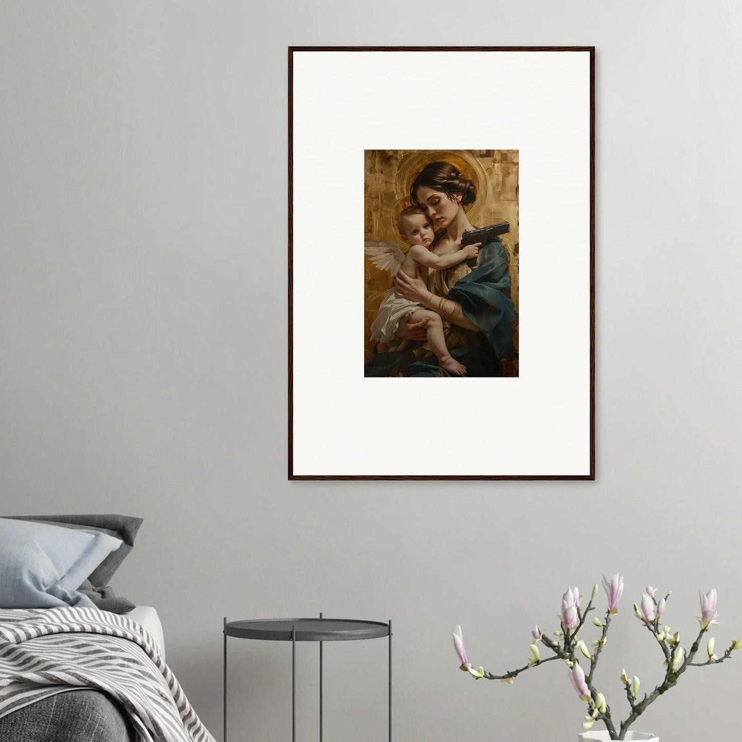 Framed wall art of a woman holding a baby, ideal for elegant room decor in Velvet Matrix