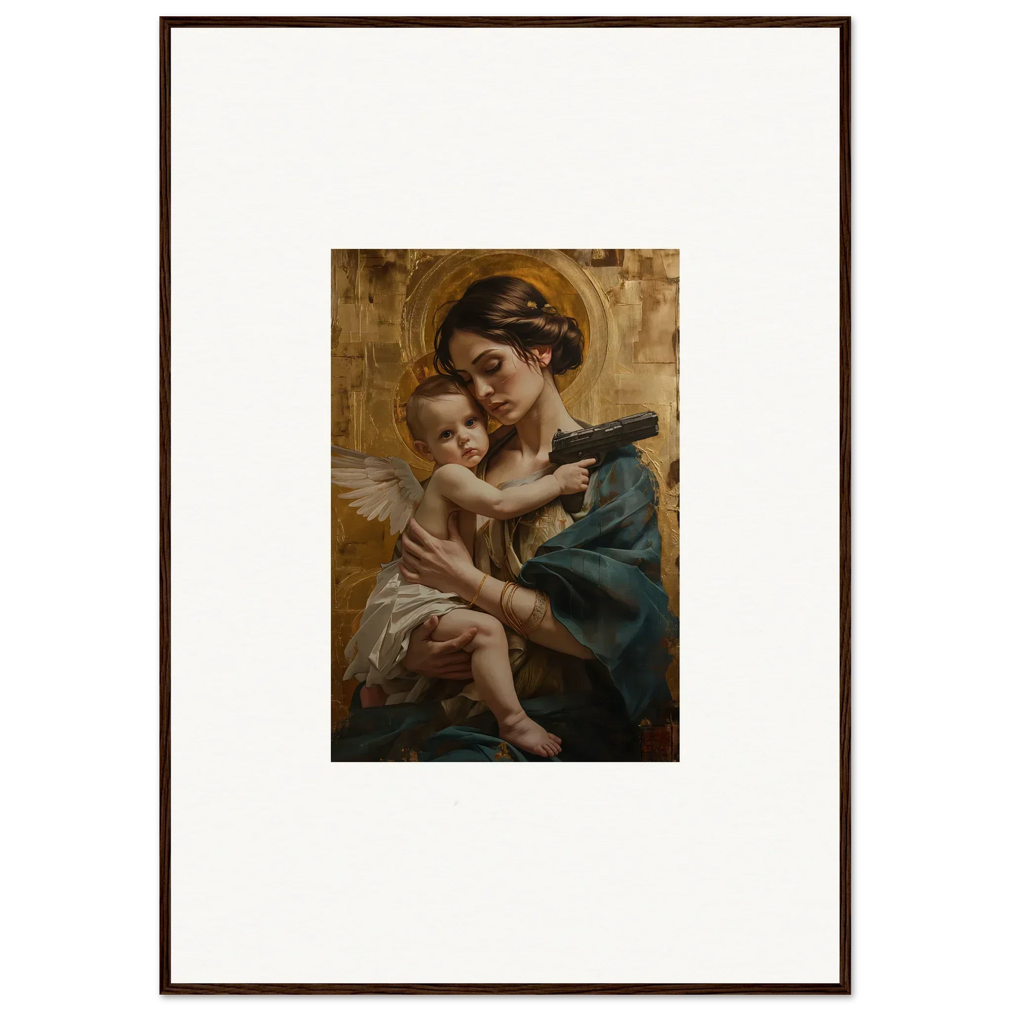 Framed wall art of a woman with a cherubic child, ideal for Velvet Matrix room decor