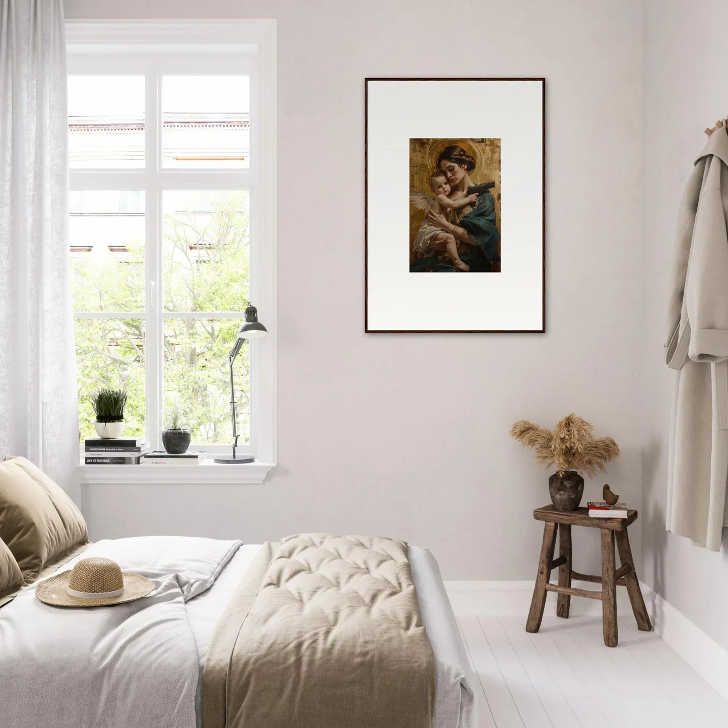 Cozy bedroom with neutral decor featuring Velvet Matrix and framed wall art