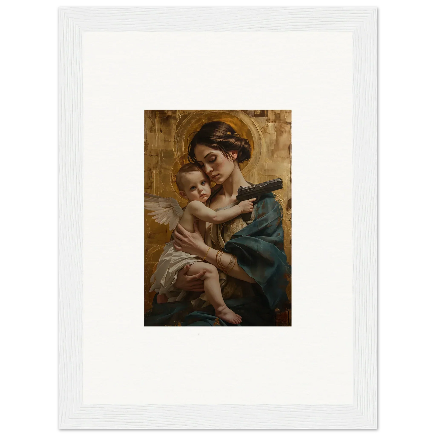 Painting of a woman with a cherubic child, perfect for velvet matrix room decor