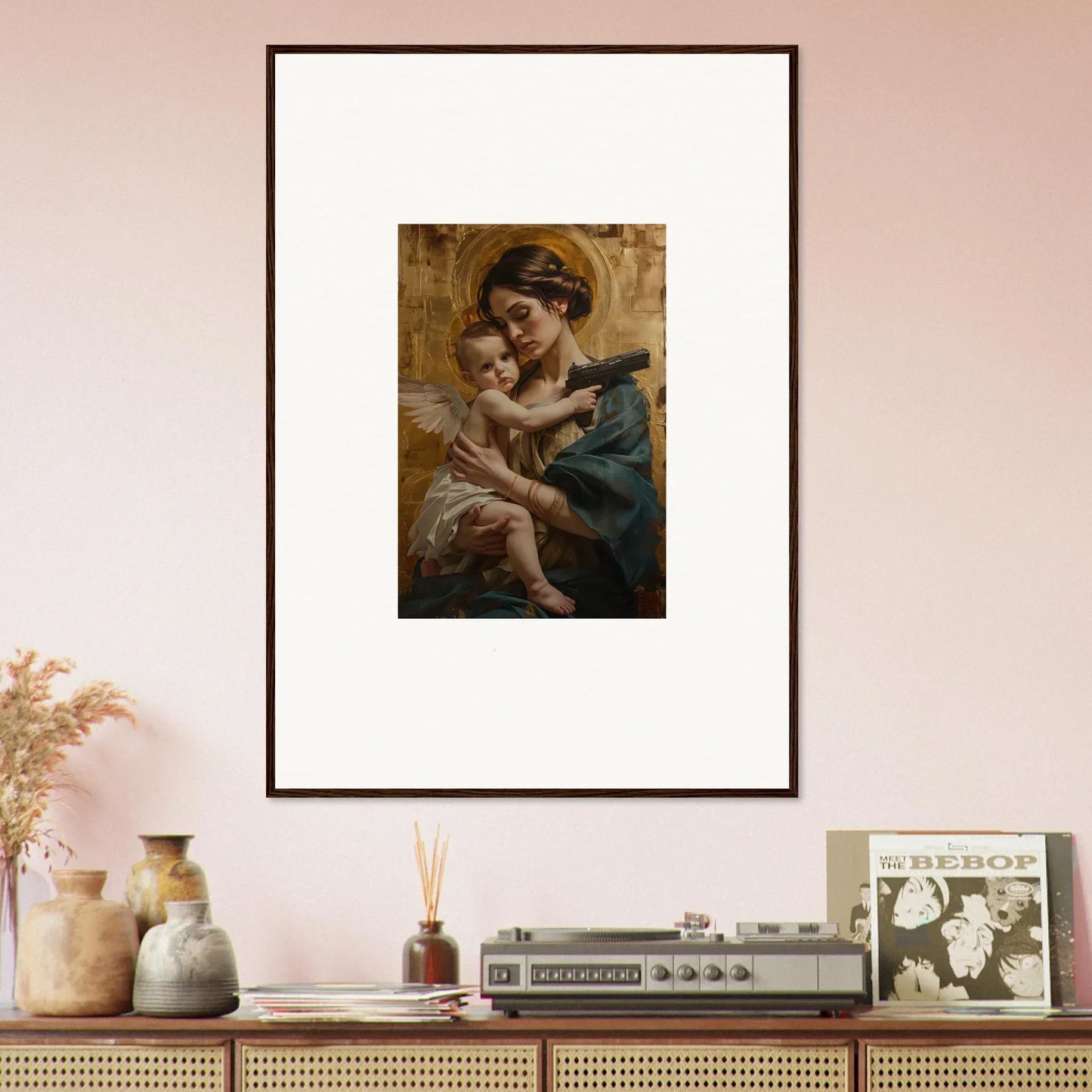 Framed wall art of a woman embracing a child, perfect for room decor with Velvet Matrix