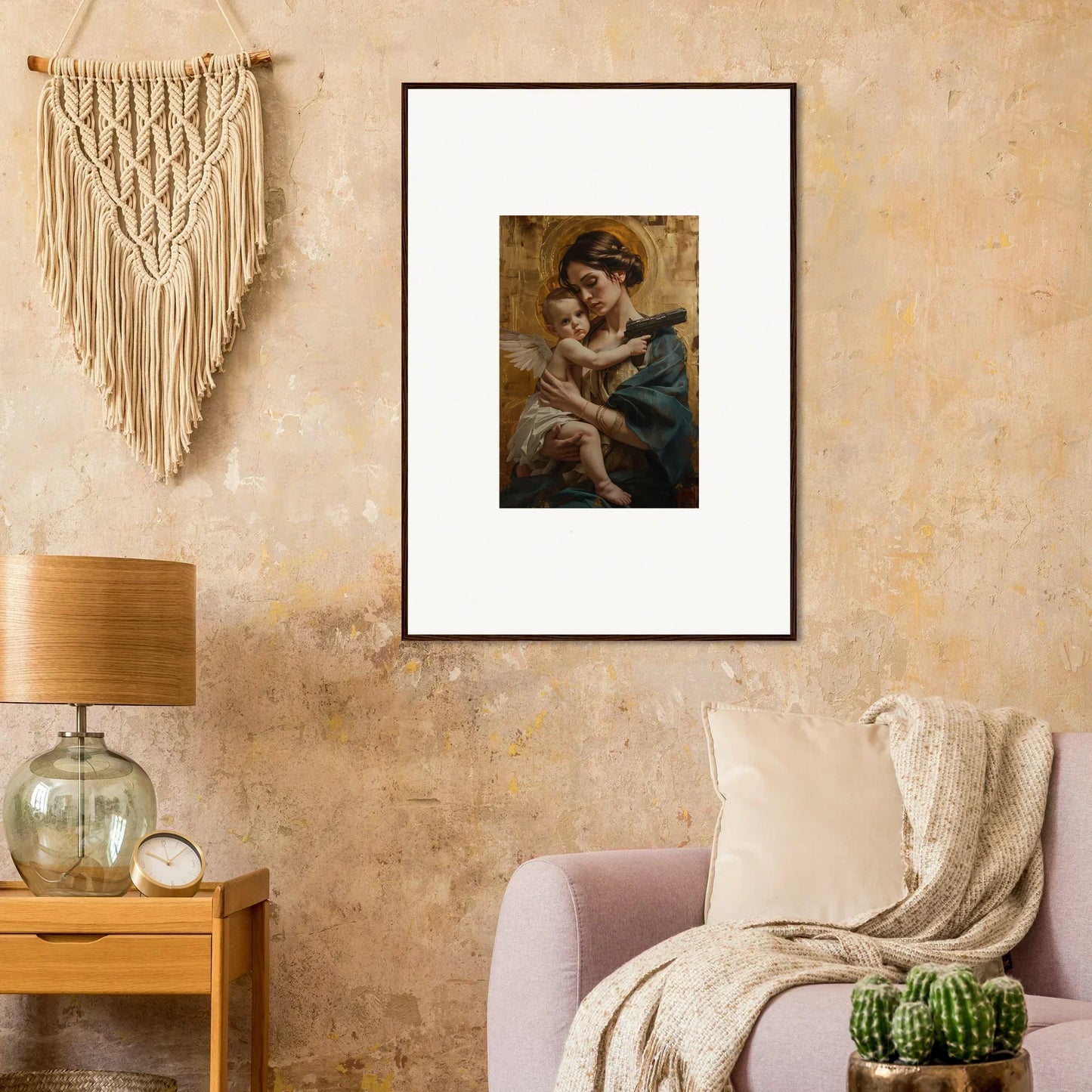 Framed wall art of a woman with child on a textured wall in Velvet Matrix room decor