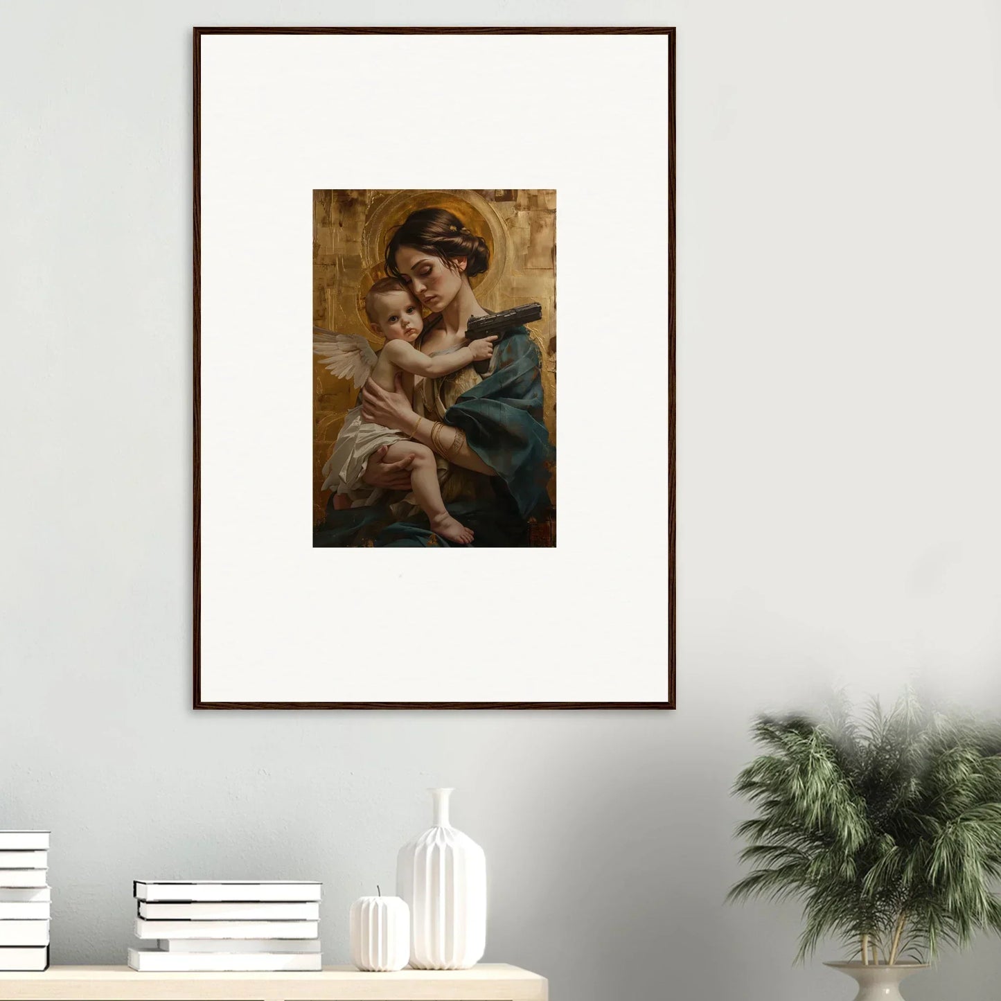 Framed wall art of a woman and child embrace in classical style for velvet matrix room decor
