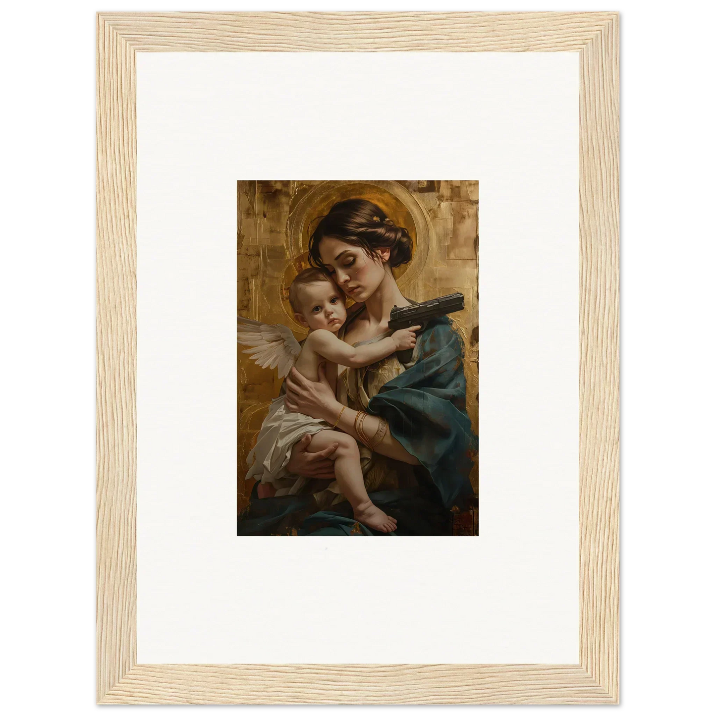 Framed wall art of a woman with a cherubic child in Velvet Matrix room decor