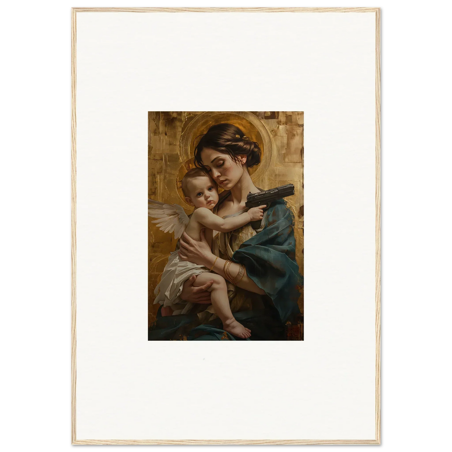 Painting of a woman holding a cherubic baby, perfect for velvet matrix room decor