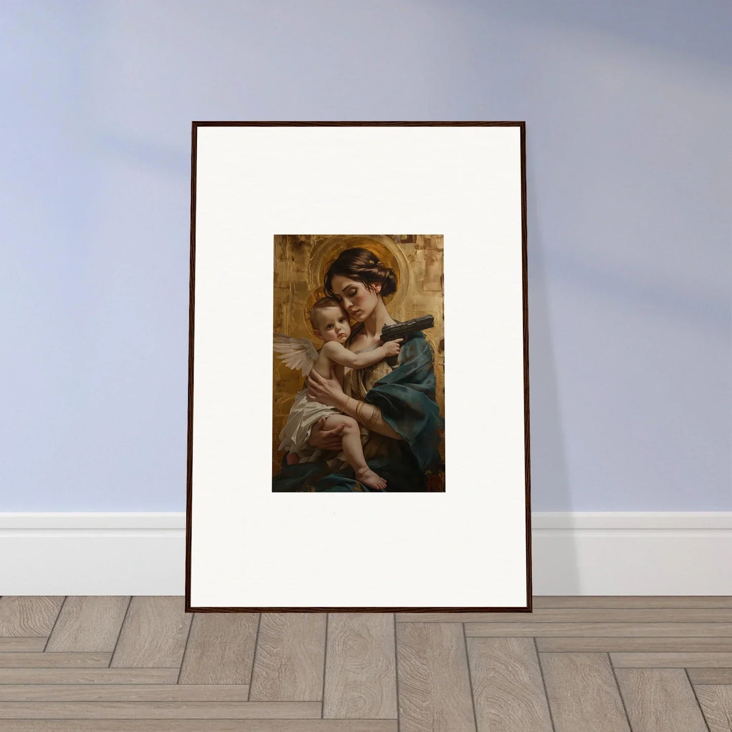 Framed wall art of a woman holding a child, perfect for velvet matrix room decor