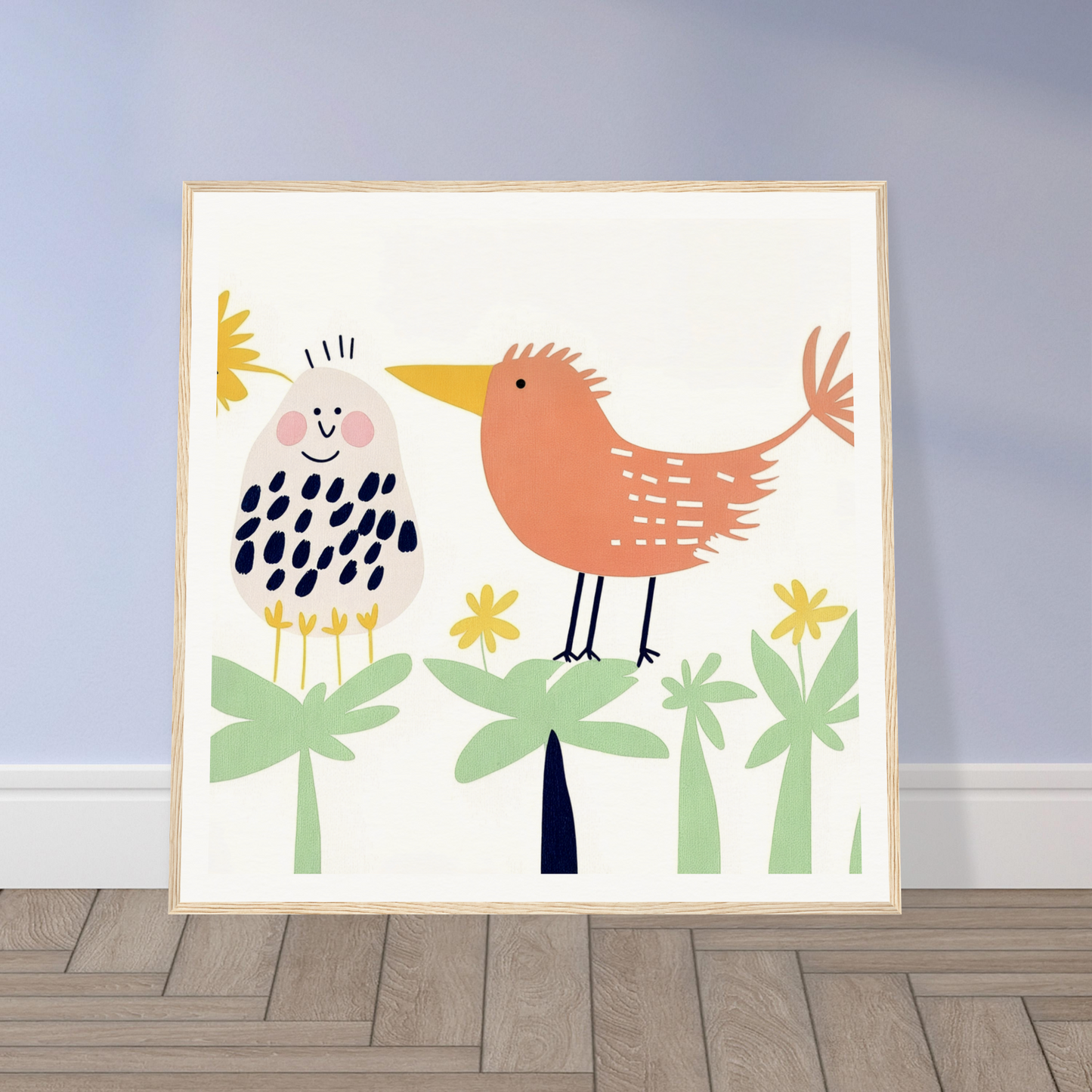 Framed illustration of a whimsical bird and flowers in Chirpy Psychedelic Bloom style