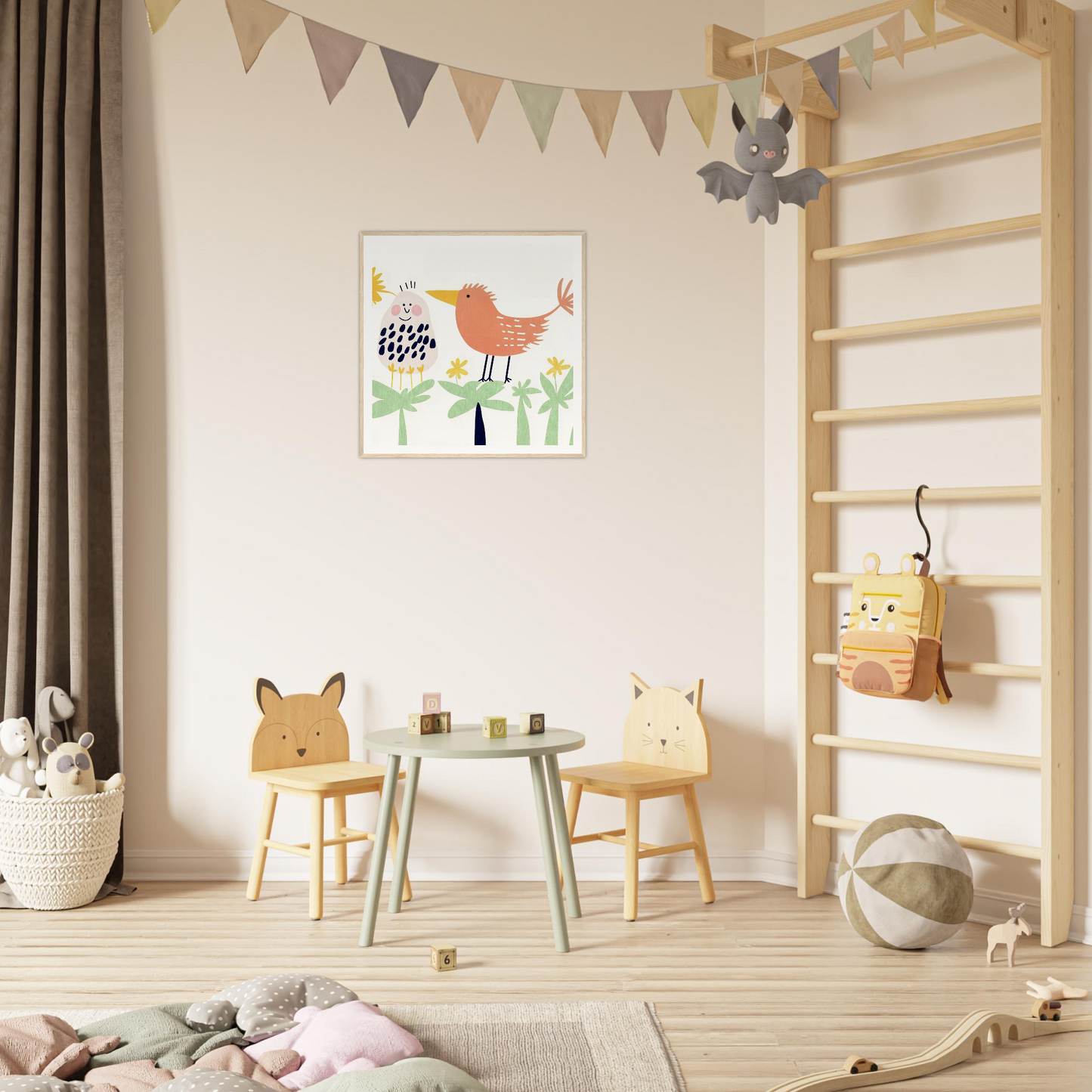 Children’s play area featuring Chirpy Psychedelic Bloom table and wooden animal chairs
