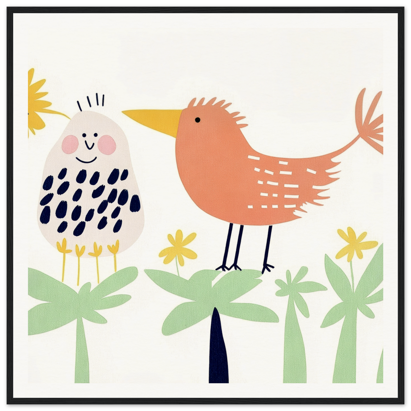 Whimsical illustration of two birds amidst yellow flowers in Chirpy Psychedelic Bloom