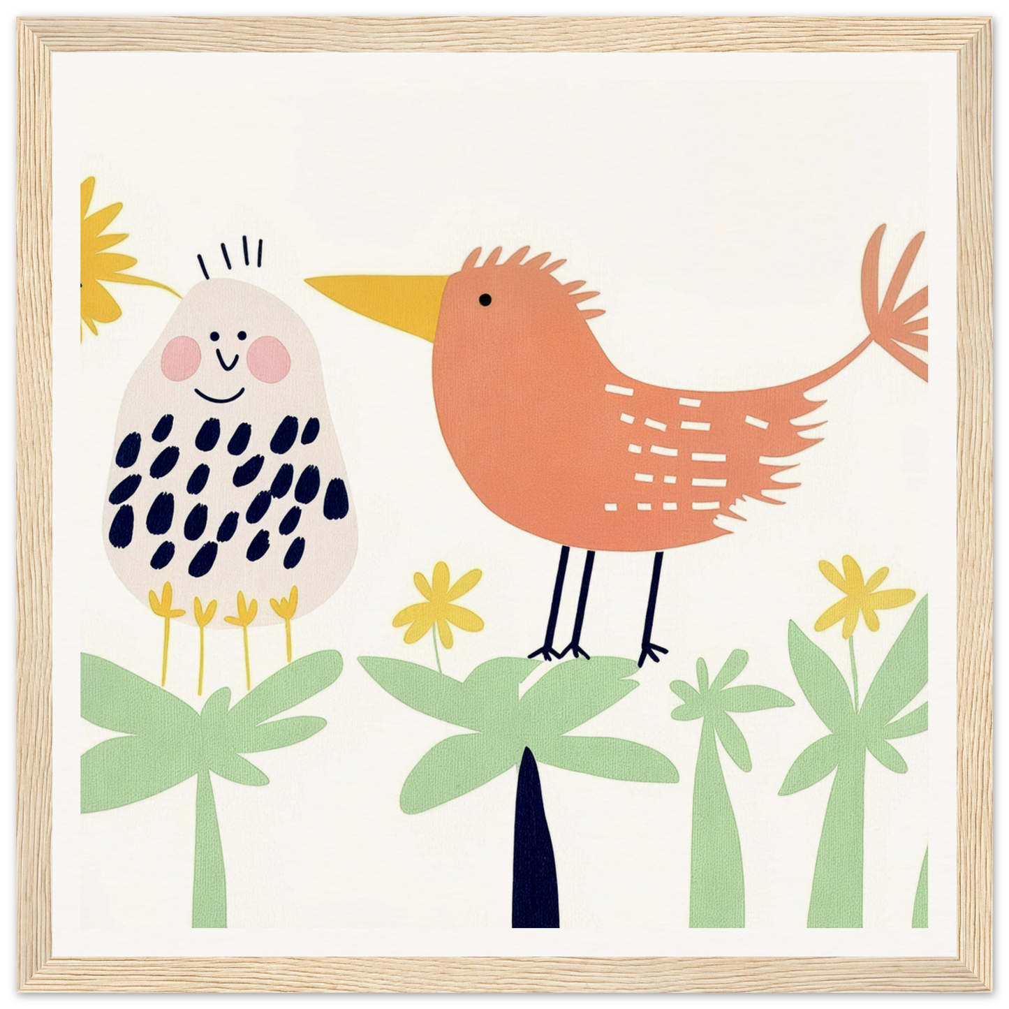 Whimsical illustration of two cartoon birds in a Chirpy Psychedelic Bloom setting