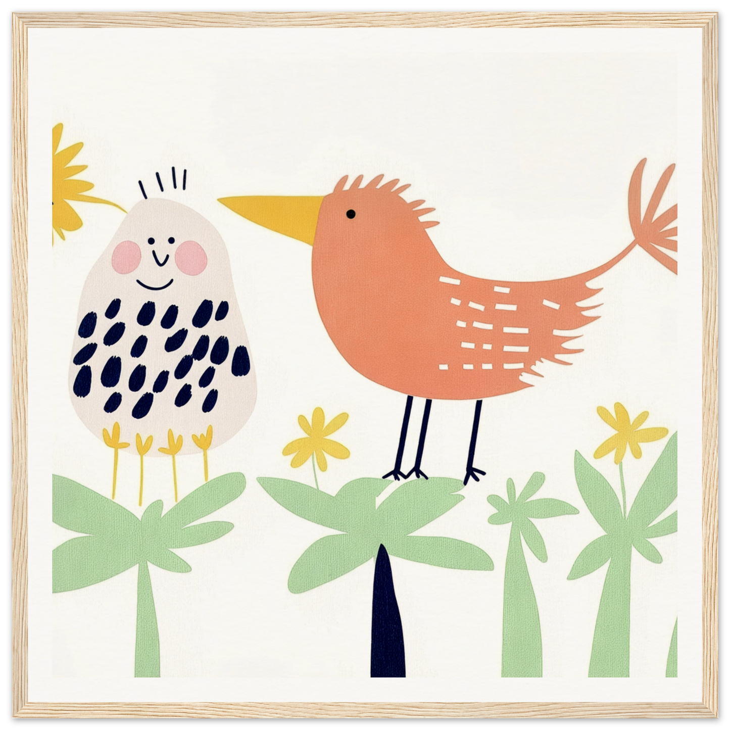 Two whimsical cartoon birds among yellow flowers in a Chirpy Psychedelic Bloom design