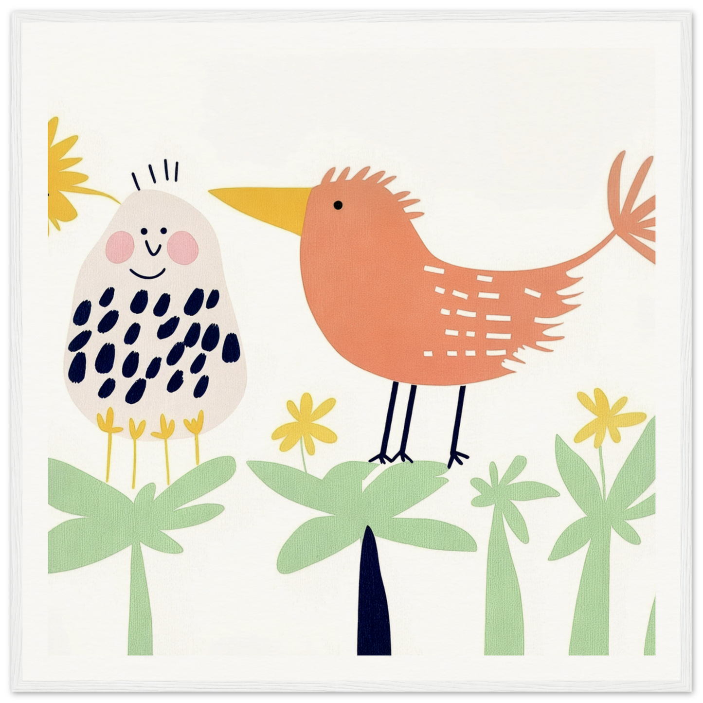 Whimsical illustration of two birds and flowers for Chirpy Psychedelic Bloom product