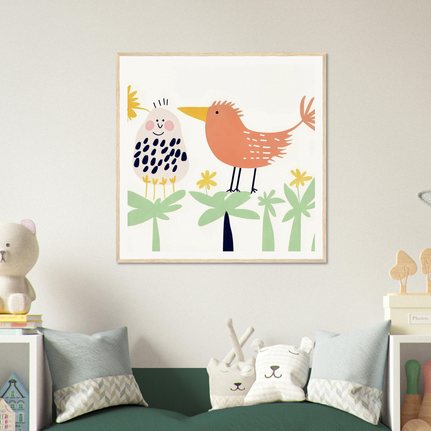 Framed children’s artwork of a whimsical orange bird and flowers in Chirpy Psychedelic Bloom