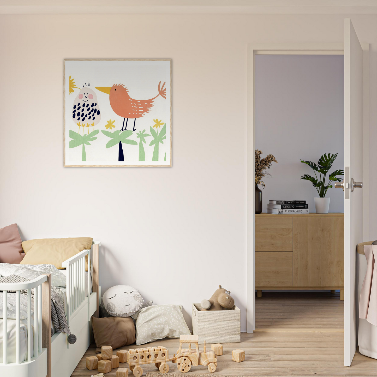 Whimsical orange bird artwork depicting Chirpy Psychedelic Bloom on a white wall