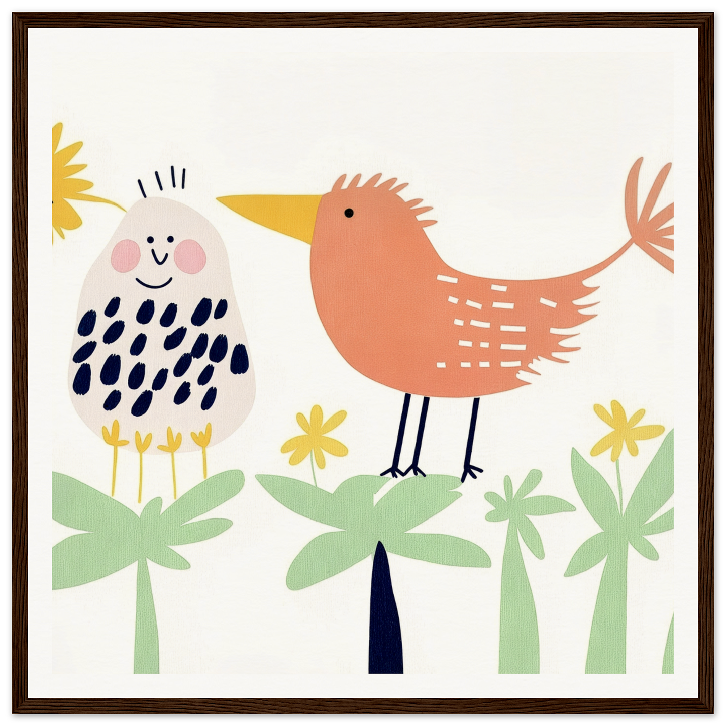 Two cartoon birds surrounded by flowers in a Chirpy Psychedelic Bloom design