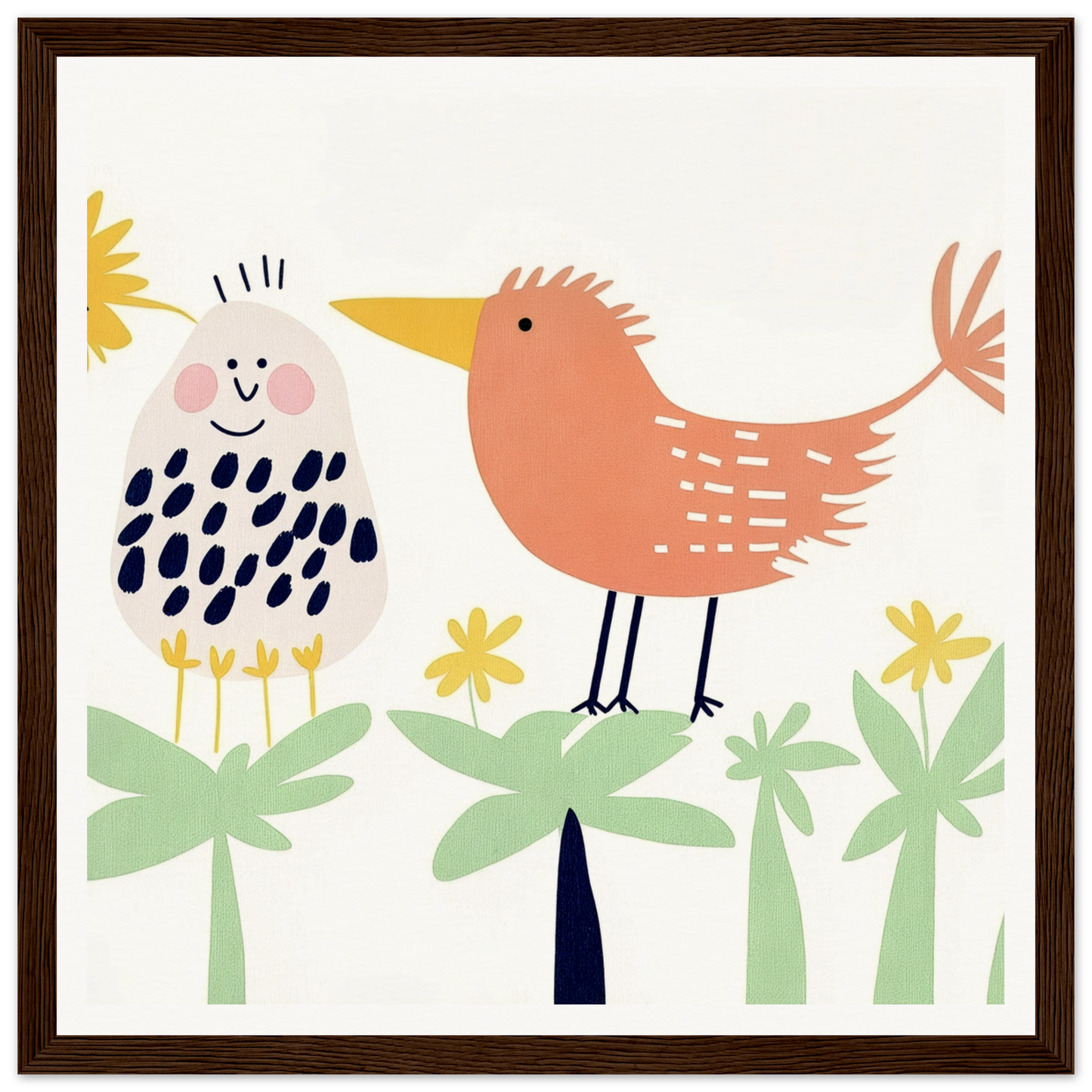 Two whimsical cartoon birds among stylized flowers in a Chirpy Psychedelic Bloom design
