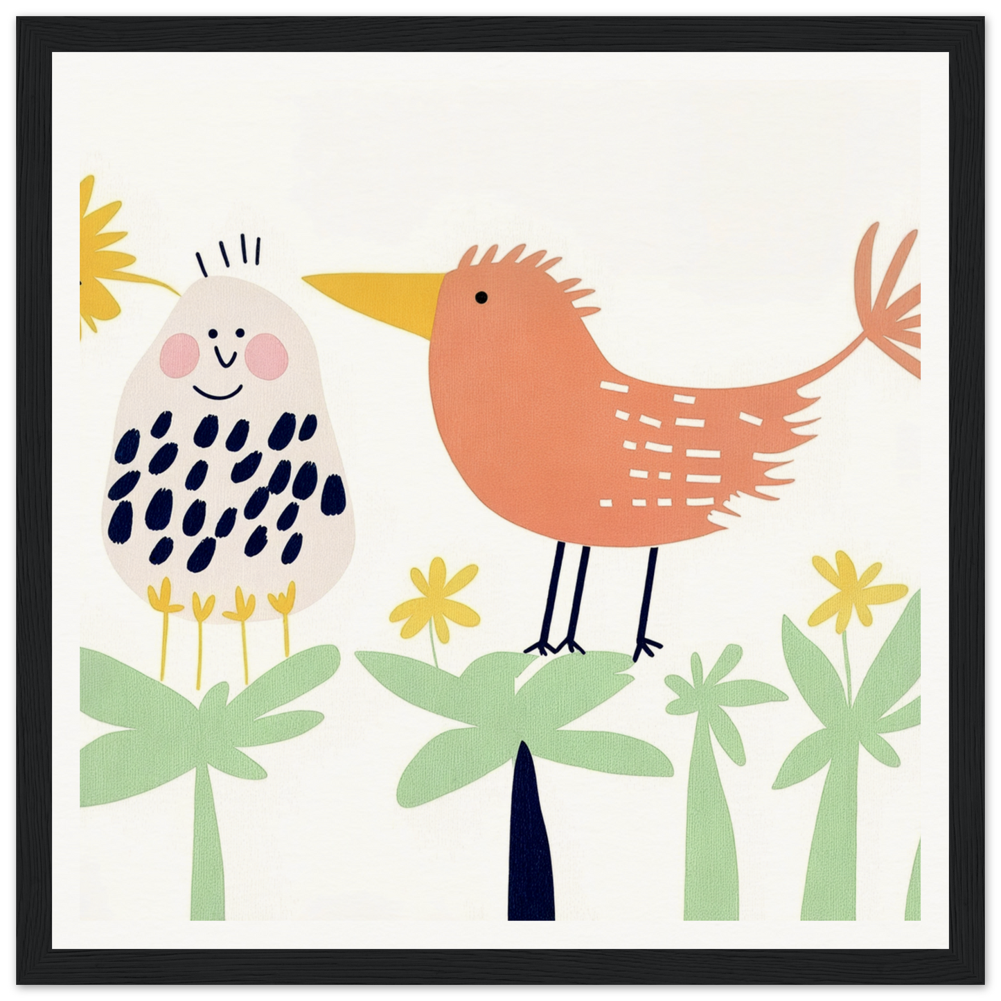 Two whimsical cartoon birds amidst stylized flowers in Chirpy Psychedelic Bloom