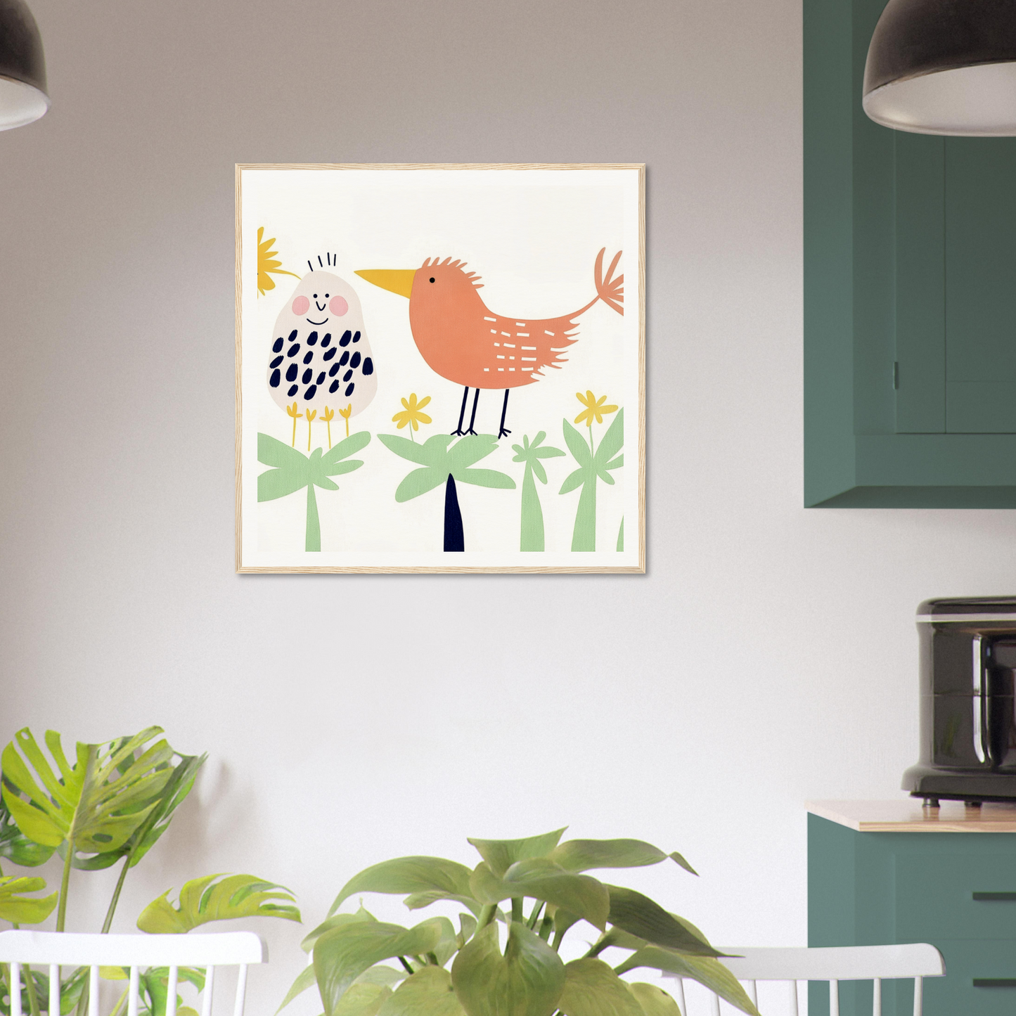 Framed whimsical artwork of chirpy psychedelic birds among stylized plants