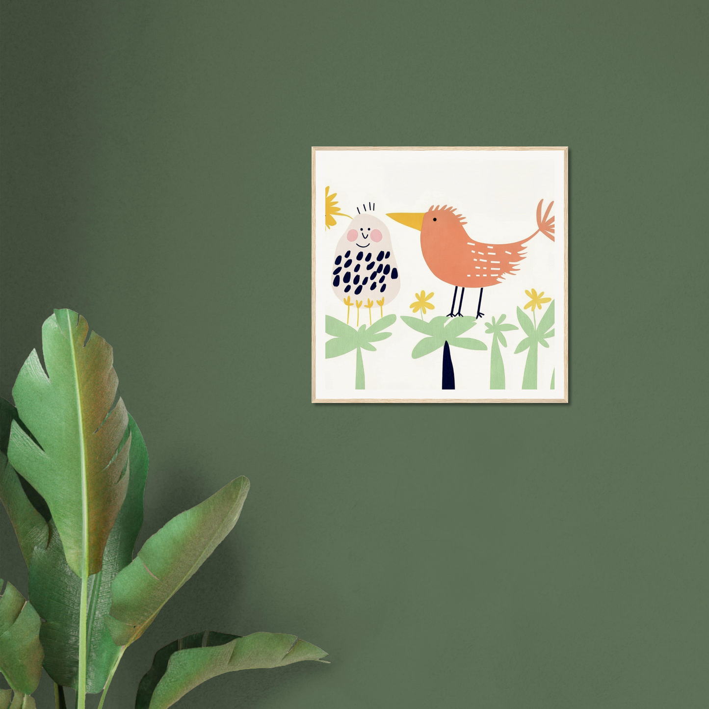 Framed artwork of whimsical orange bird and plants in Chirpy Psychedelic Bloom design
