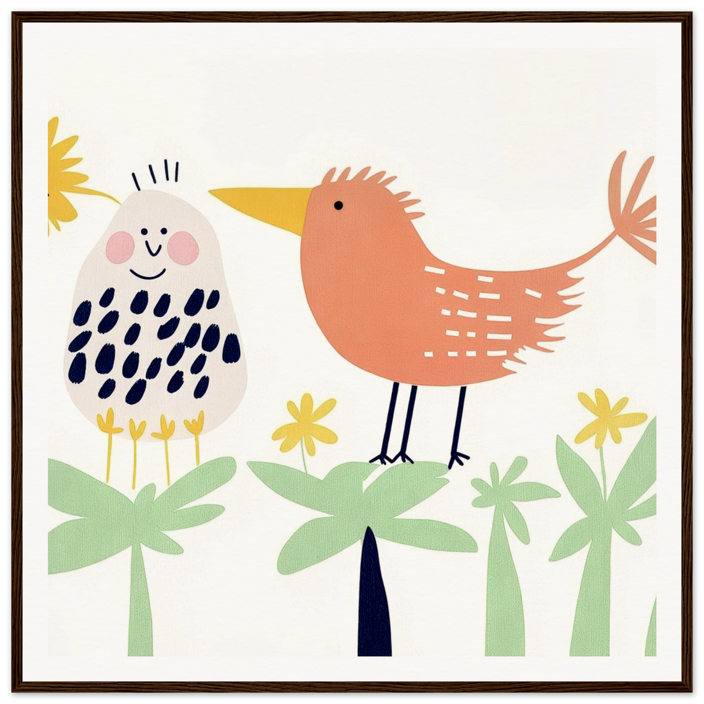 Two whimsical cartoon birds amidst yellow flowers in Chirpy Psychedelic Bloom
