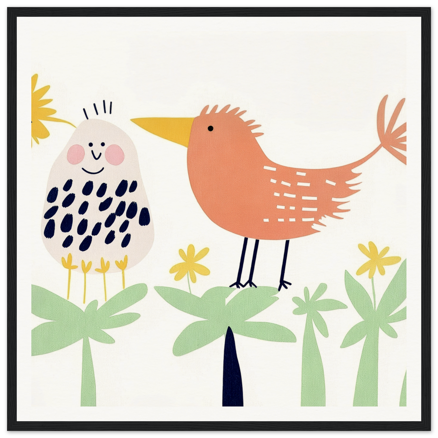 Two whimsical cartoon birds among flowers in a Chirpy Psychedelic Bloom design