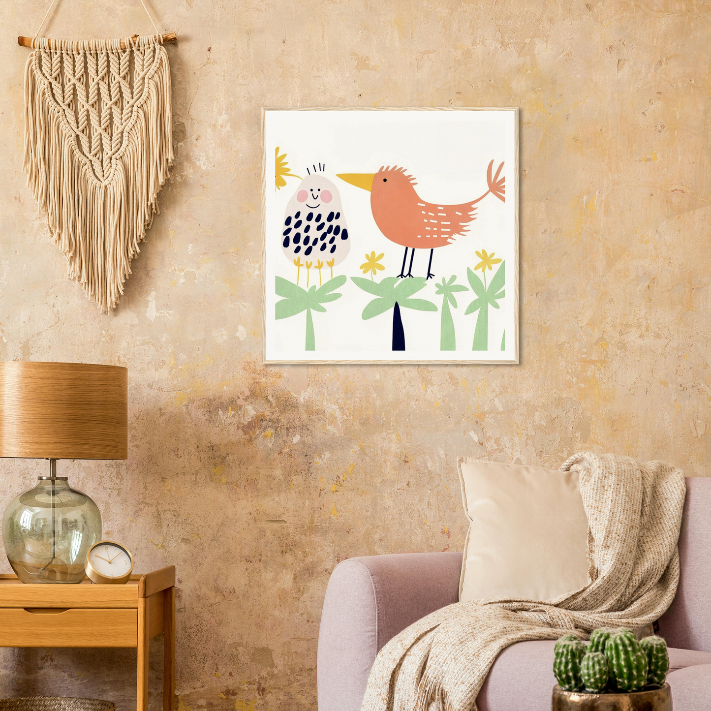 Whimsical illustration of a coral-colored bird in Chirpy Psychedelic Bloom artwork