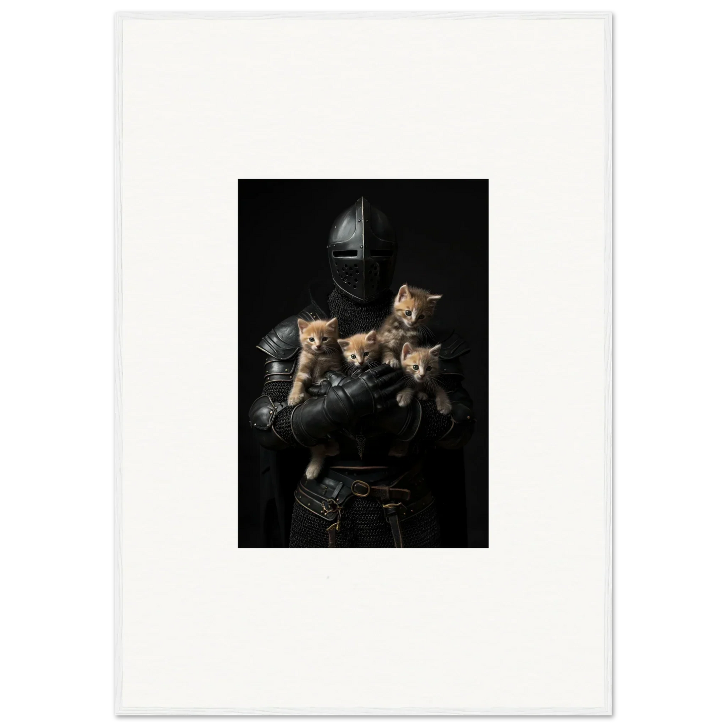 Medieval suit of armor cradling four kittens, perfect for tender fluff room decor