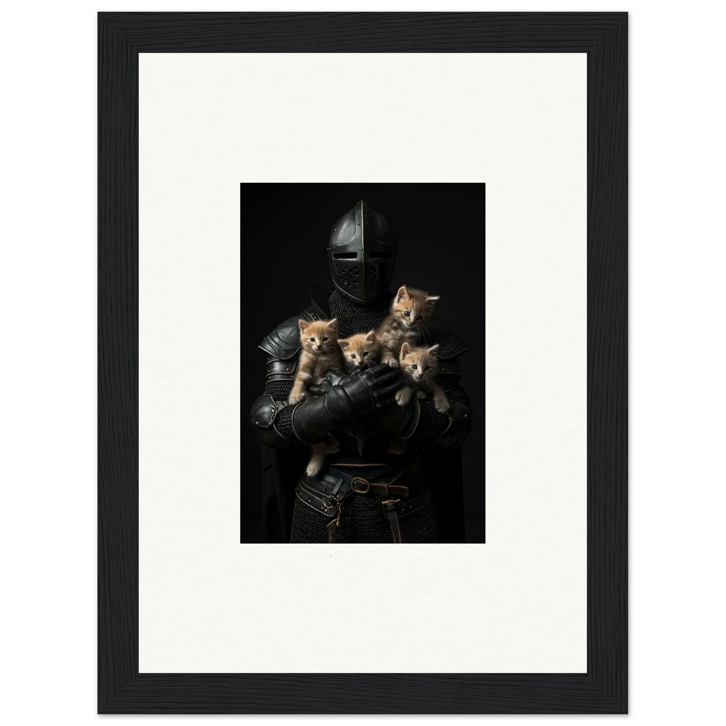 Framed wall art of kittens on a dark armored figure for charming room decor