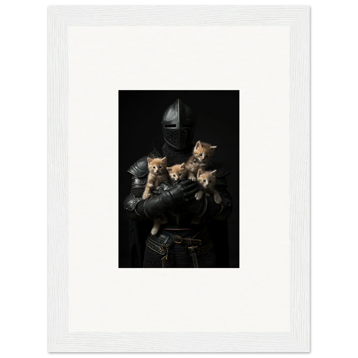 Suit of armor holding four kittens, perfect for tender fluff room decor or framed wall art