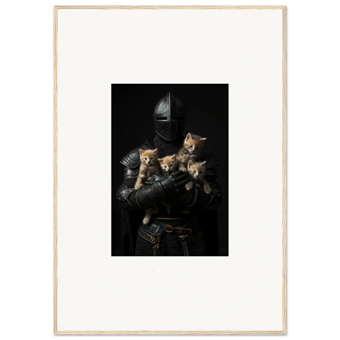 Medieval knight’s armor cradling four kittens, perfect for tender fluff room decor