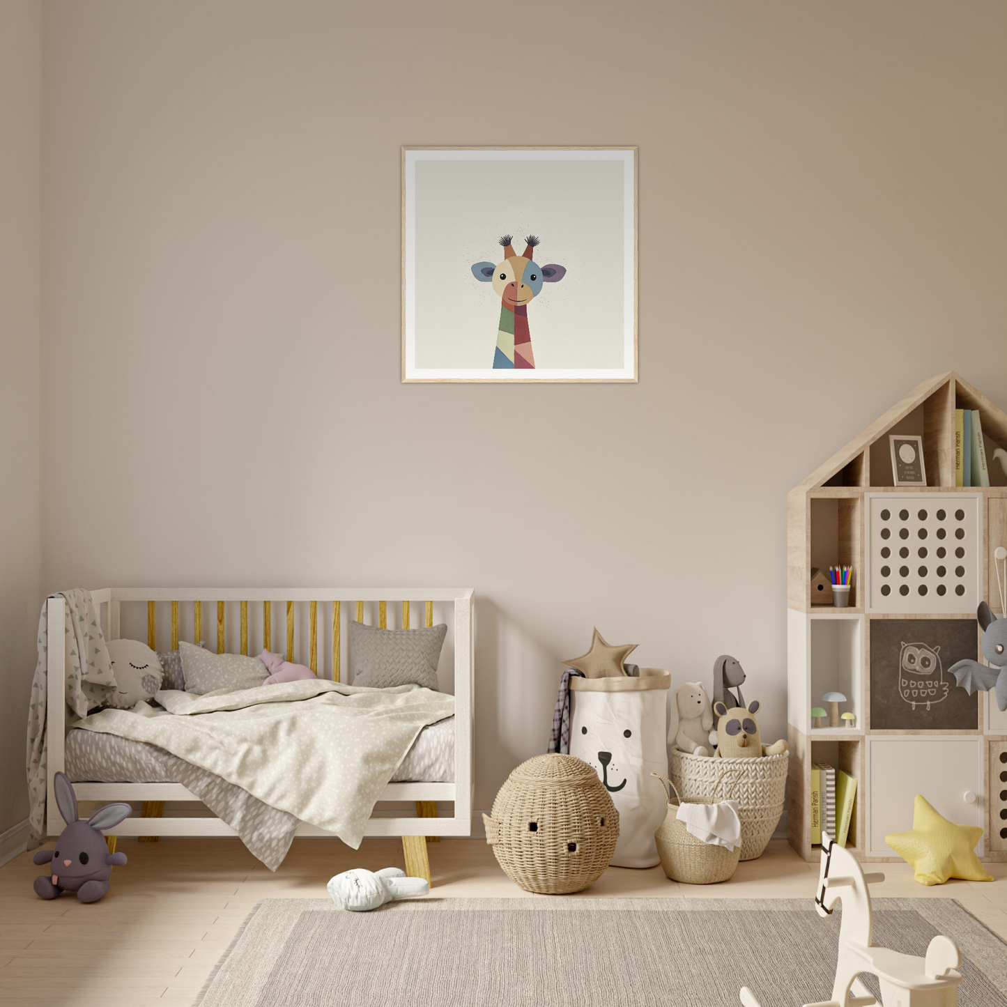 Cozy nursery featuring neutral colors and playful giraffe art from Chroma Tall Tales