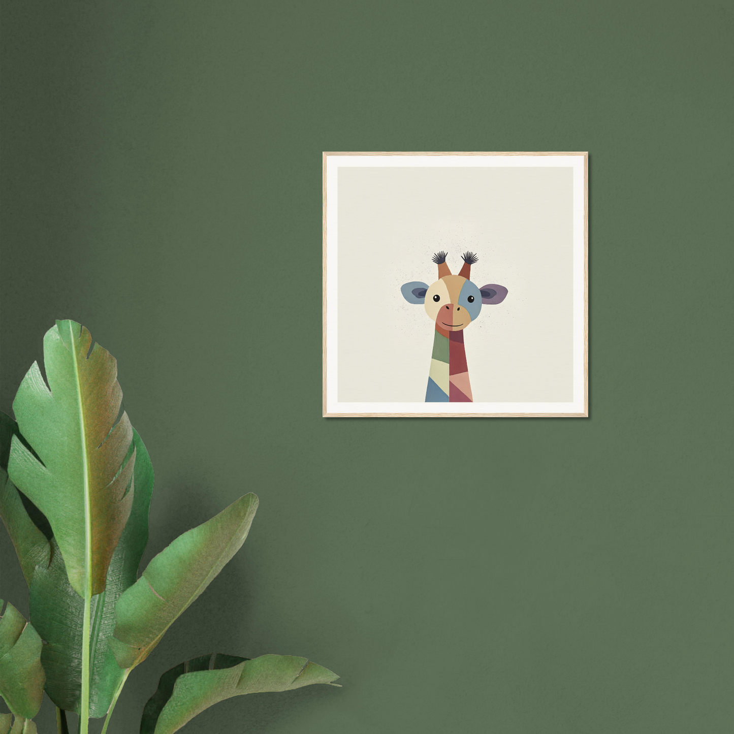 Colorful geometric illustration of a giraffe’s head in a white frame for Chroma Tall Tales