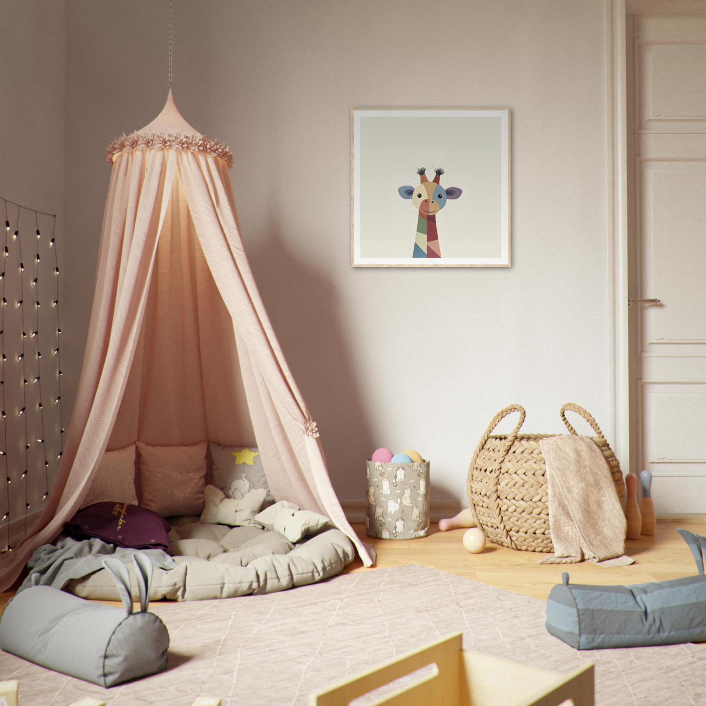 Pink canopy tent with draped fabric and cushions in Chroma Tall Tales setting