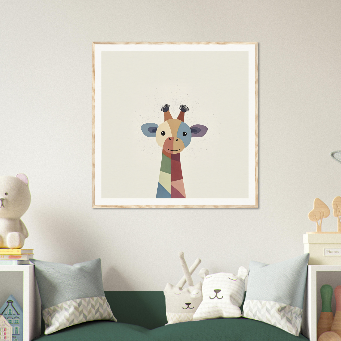 Colorful geometric giraffe illustration in a white frame from Chroma Tall Tales