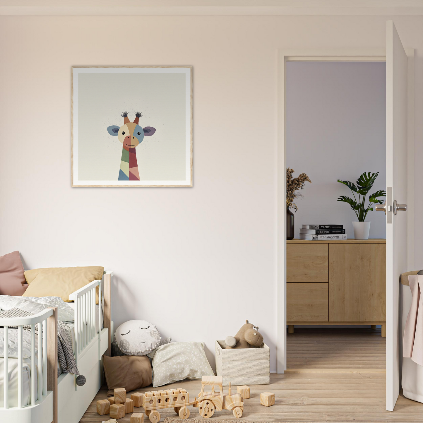 Colorful giraffe artwork in frame featured in Chroma Tall Tales collection