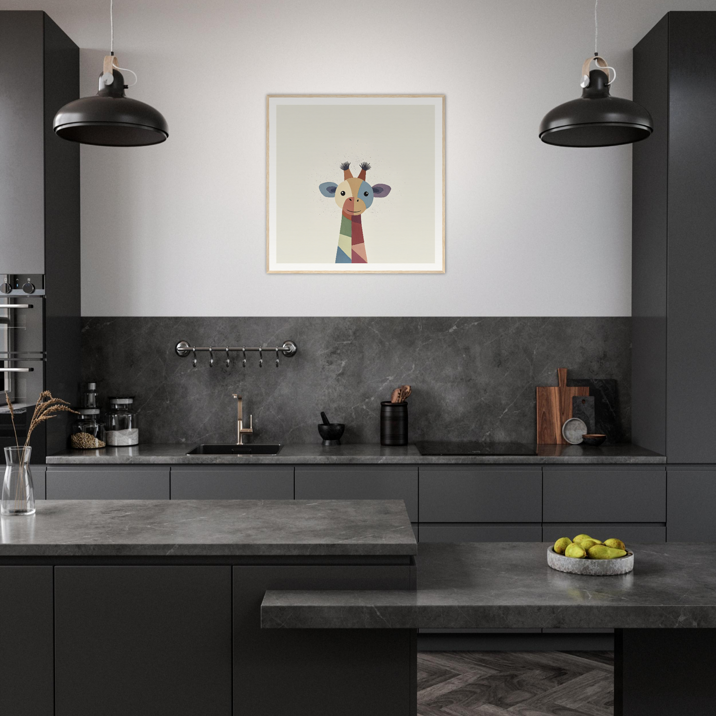 Modern dark gray kitchen featuring Chroma Tall Tales giraffe artwork as a focal point