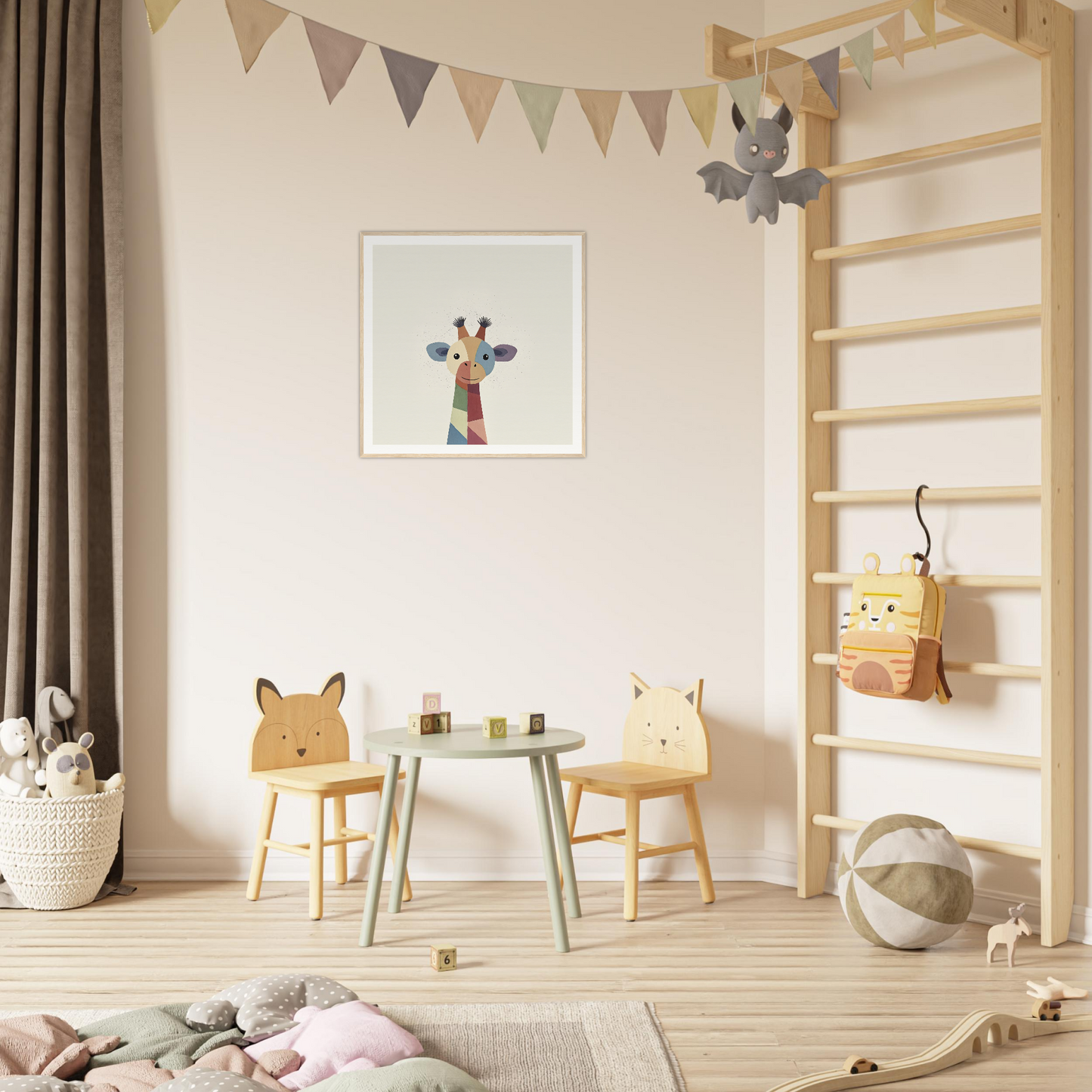 Childrens play area featuring animal-themed chairs and round table from Chroma Tall Tales