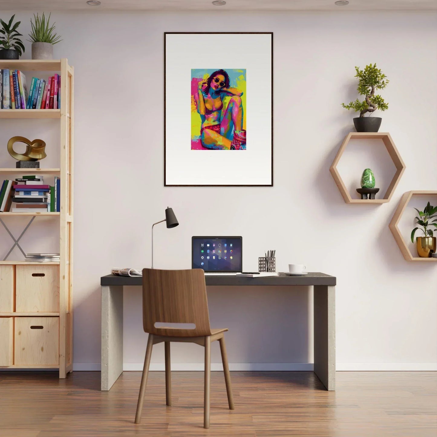 Modern home office with desk and chair, featuring Daydream Elixirs canvas print