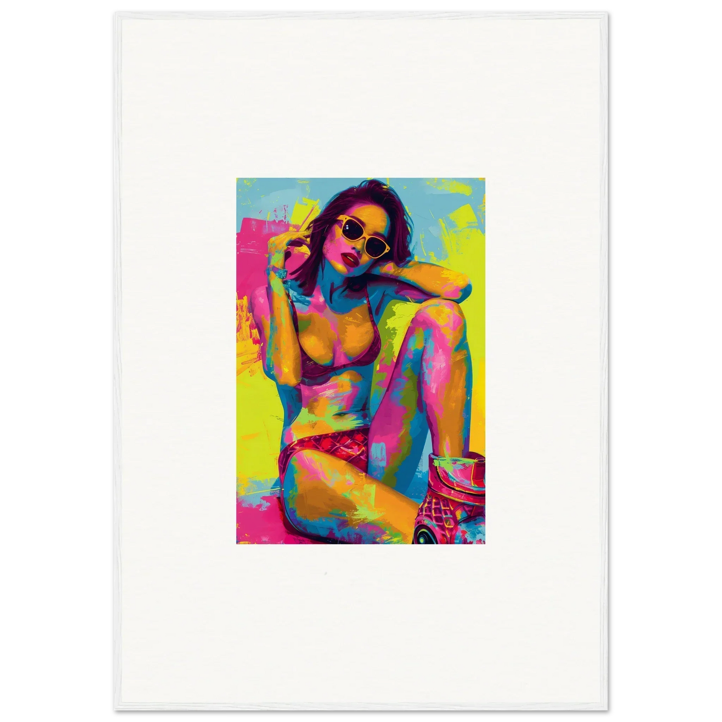 Colorful pop art portrait of a woman in sunglasses, perfect for daydream elixirs room decoration